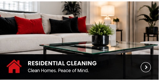 LeFletch residential cleaning banner showing a tidy living room with red and black accent pillows