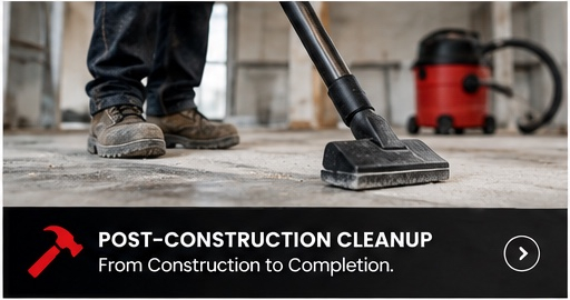LeFletch post-construction cleanup banner showing a vacuum clearing dust from a concrete floor