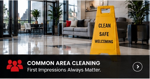 LeFletch common area cleaning banner showing a bright lobby with a Clean, Safe, Welcoming floor sign