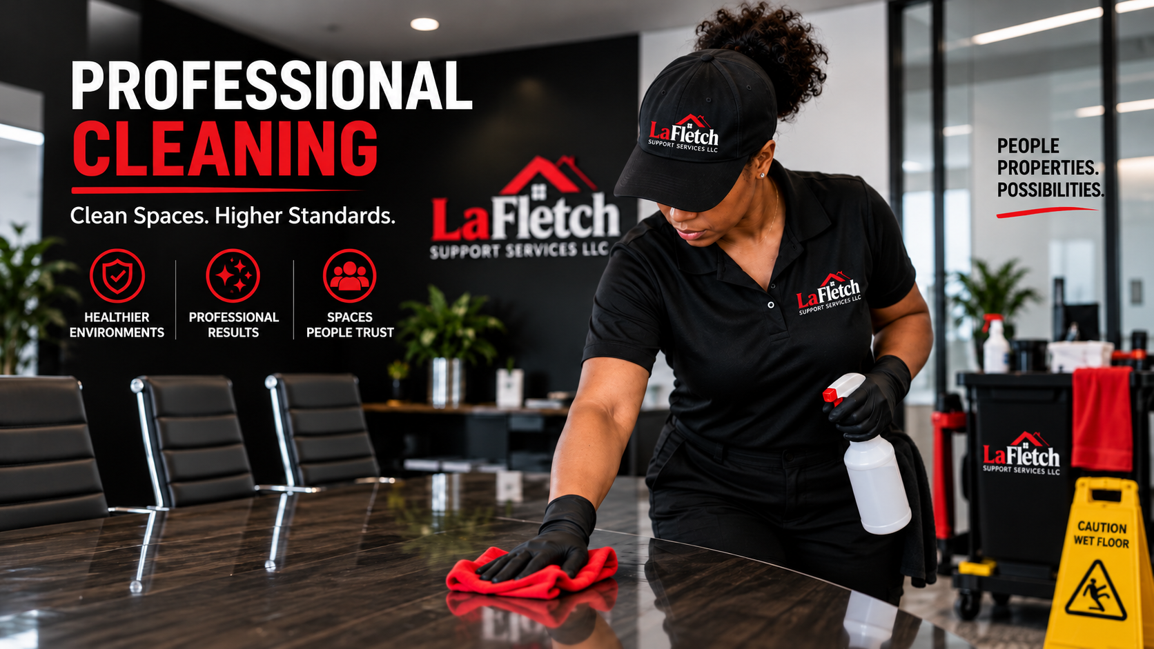 LaFletch Support Services LLC team member in branded black and red uniform cleaning a professional space