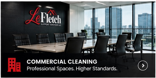 LeFletch commercial cleaning banner showing a clean conference room with a city skyline view